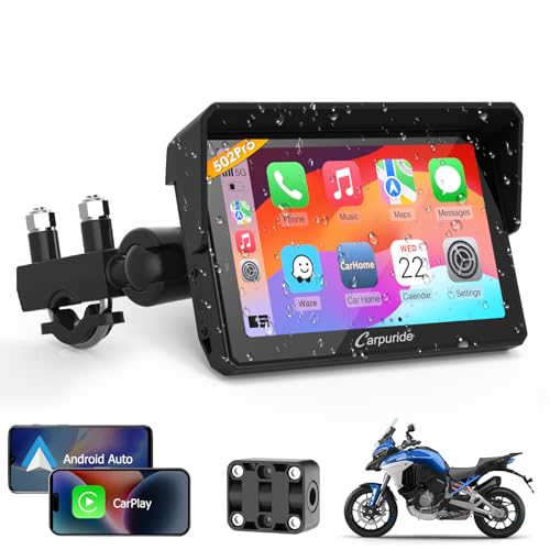 Carpuride W502PRO for Motorcycle CarPlay& Android Auto& Dual Bluetooth - 5" Waterproof GPS Navigation Screen for Motorbike, Music Sharing, Intercom, EQ, Light Sensor, Compass, Barometer - Image 1