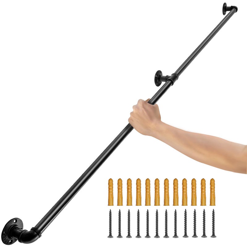 VEVOR Pipe Stair Handrail, 6FT Staircase Handrail, 440LBS Load Capacity Carbon Steel Pipe Handrail, Industrial Pipe Handrail with Wall Mount Support, Round Corner Wall Handrailings for Indoor, Outdoor - Image 1