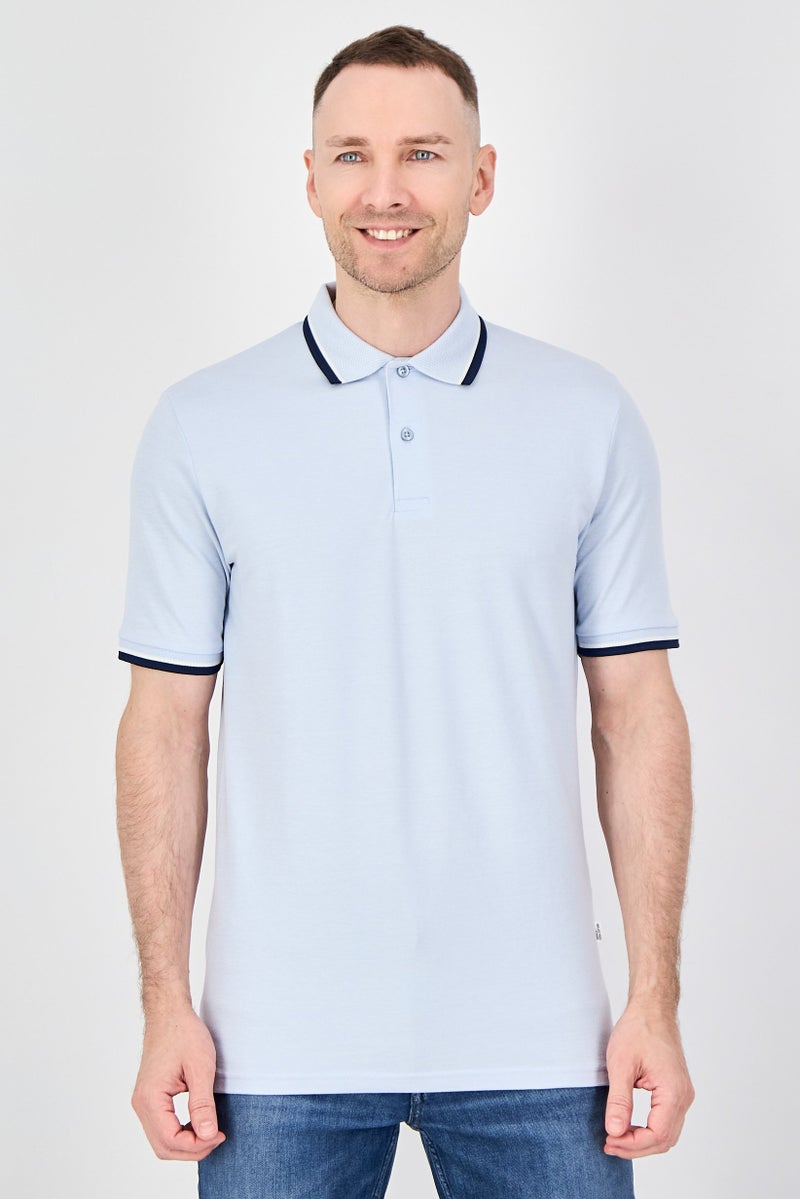 SELECTED Men Regular Fit Chambray Short Sleeve Polo Shirt, Light Blue - Image 1