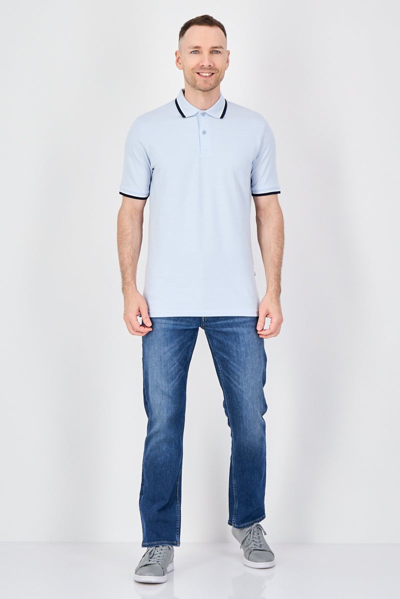 SELECTED Men Regular Fit Chambray Short Sleeve Polo Shirt, Light Blue - Image 4