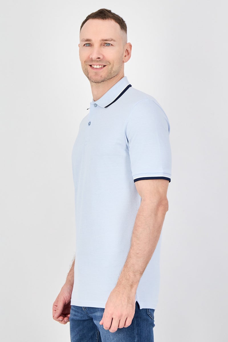 SELECTED Men Regular Fit Chambray Short Sleeve Polo Shirt, Light Blue - Image 2