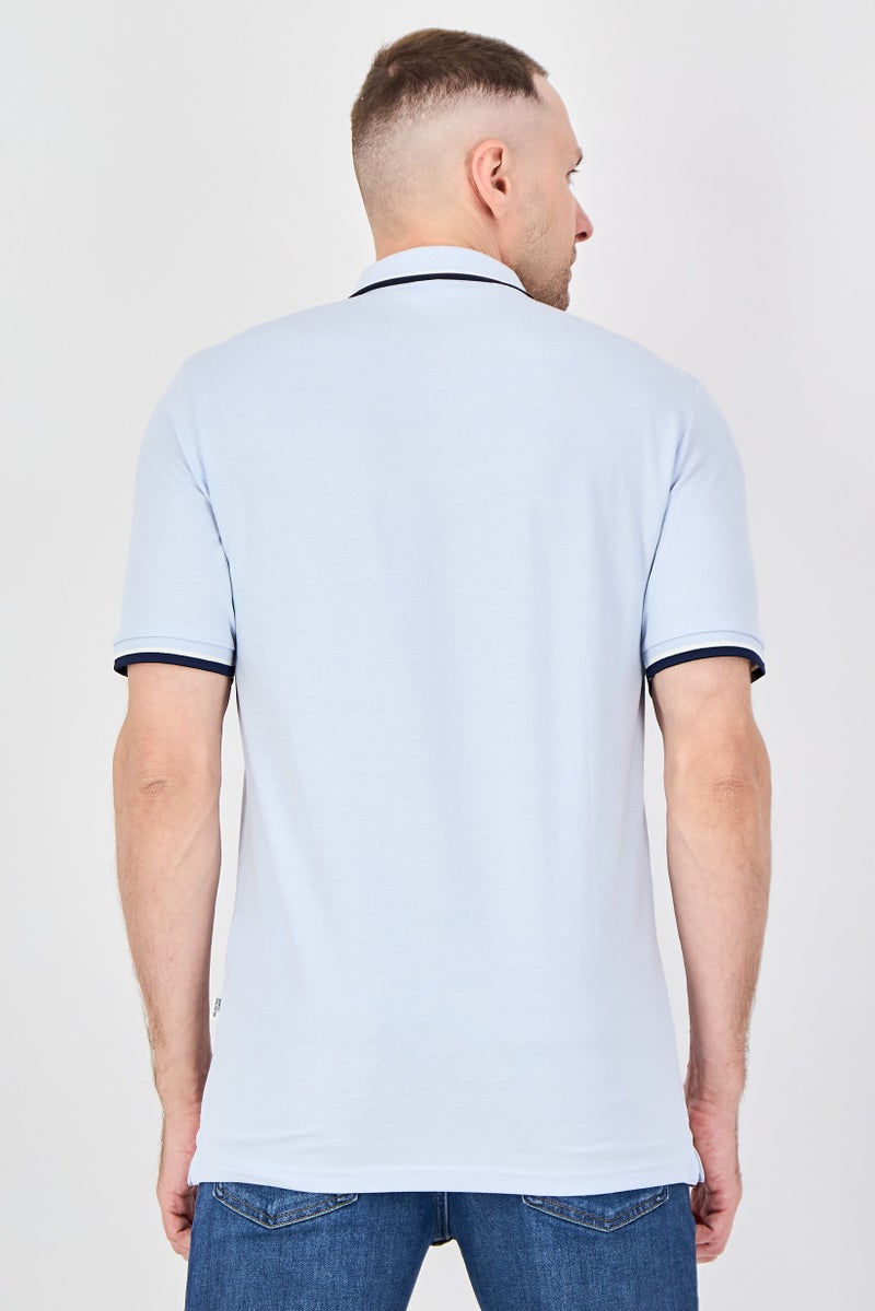 SELECTED Men Regular Fit Chambray Short Sleeve Polo Shirt, Light Blue - Image 3