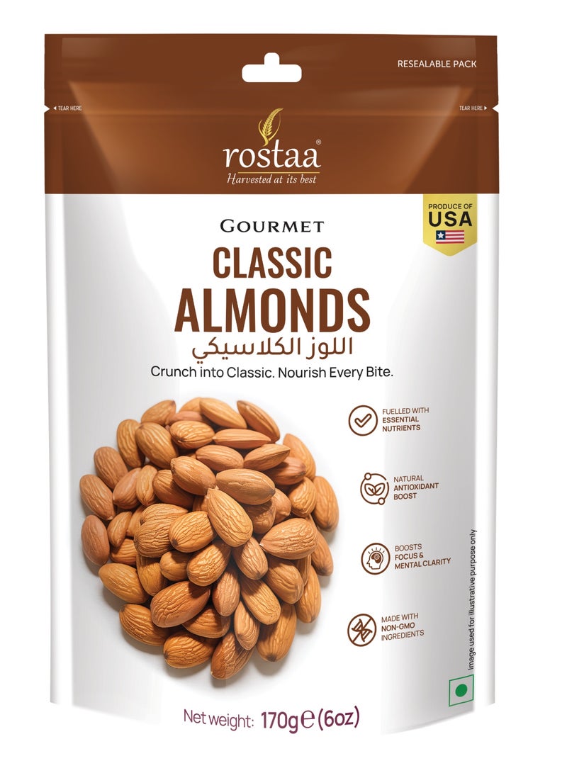 Rostaa Classic Almonds 170g – Premium Roasted Almonds, Protein-Rich & Healthy Snack - Image 1