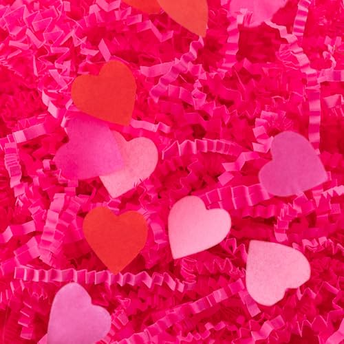 Jocomoni 1LB Valentine's Day Crinkle Cut Paper Shred Filler Pink Crinkle Cut Paper with Heart Confetti Shredded Filler Raffia Paper for Gift Wrapping Craft DIY Packaging Filling Party Supply