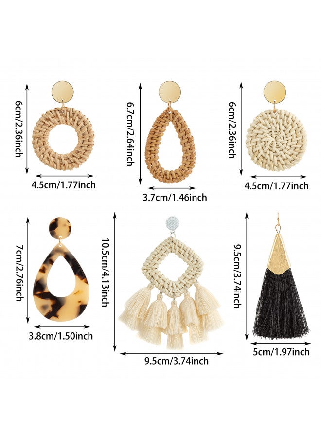 Ponpon 6 Pairs Rattan Earrings, Lightweight Summer Straw Earrings Fashion Geometric Statement Hoop Dangle Drop Zinc Earrings for Women - Image 1