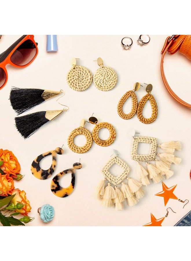 Ponpon 6 Pairs Rattan Earrings, Lightweight Summer Straw Earrings Fashion Geometric Statement Hoop Dangle Drop Zinc Earrings for Women - Image 3