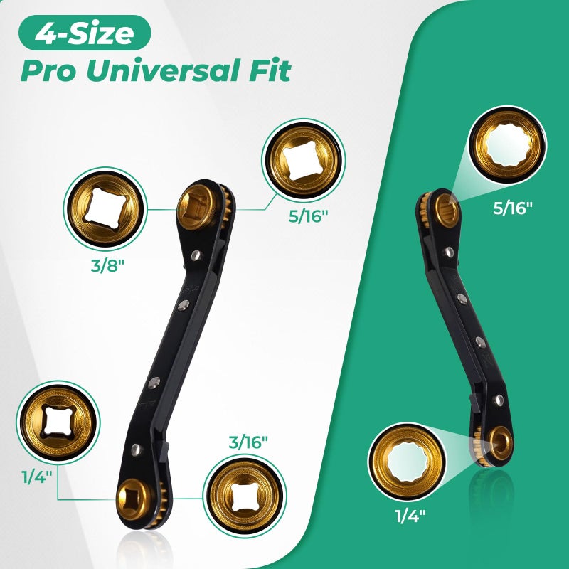 Prozwee 2Pcs HVAC Service Wrench Set, Curved Ratchet Wrenches (3/8", 1/4", 3/16", 5/16") with 2 Hex Key Converters, for Mini Split AC and Refrigeration Repair, Black - Image 2