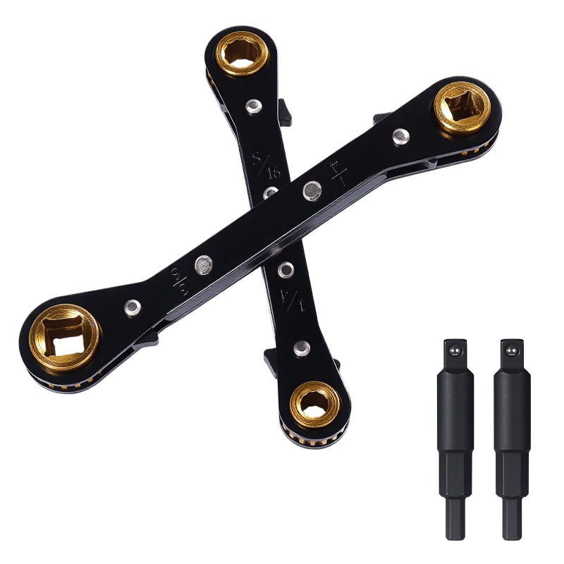 Prozwee 2Pcs HVAC Service Wrench Set, Curved Ratchet Wrenches (3/8", 1/4", 3/16", 5/16") with 2 Hex Key Converters, for Mini Split AC and Refrigeration Repair, Black - Image 1