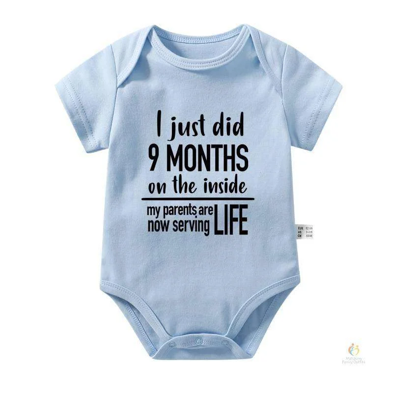 Matching Family Outfits “I Just Did 9 Months on the Inside Baby Bodysuit – Funny Quote Printed Infant Romper, Soft Cotton Short Sleeve Newborn Jumpsuit, Cute Baby Outfit Gift for Boys & Girls (BLUE)”