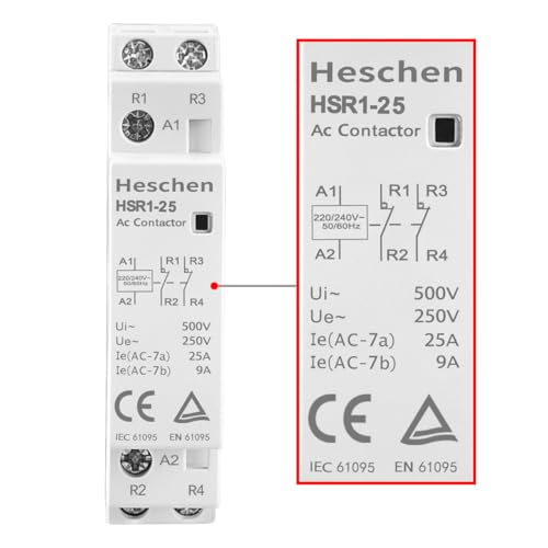 Heschen Household AC Contactor, HSR1-25, 2 Pole, Two Normally Closed, AC 220V/230V Coil Voltage, 35mm DIN Rail Mount (1) - Image 4