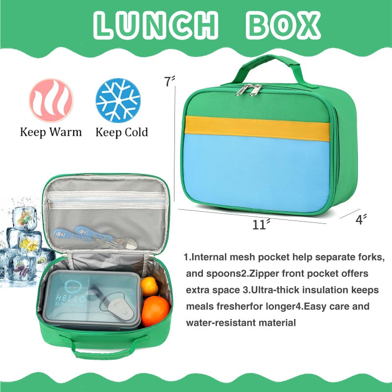 BEFUNIRISE Backpack Set for Girls Boy Kids Backpack with Lunch Box for Elementary Primary Kindergarten School Bag (Green Blue Set, Large) - Image 2