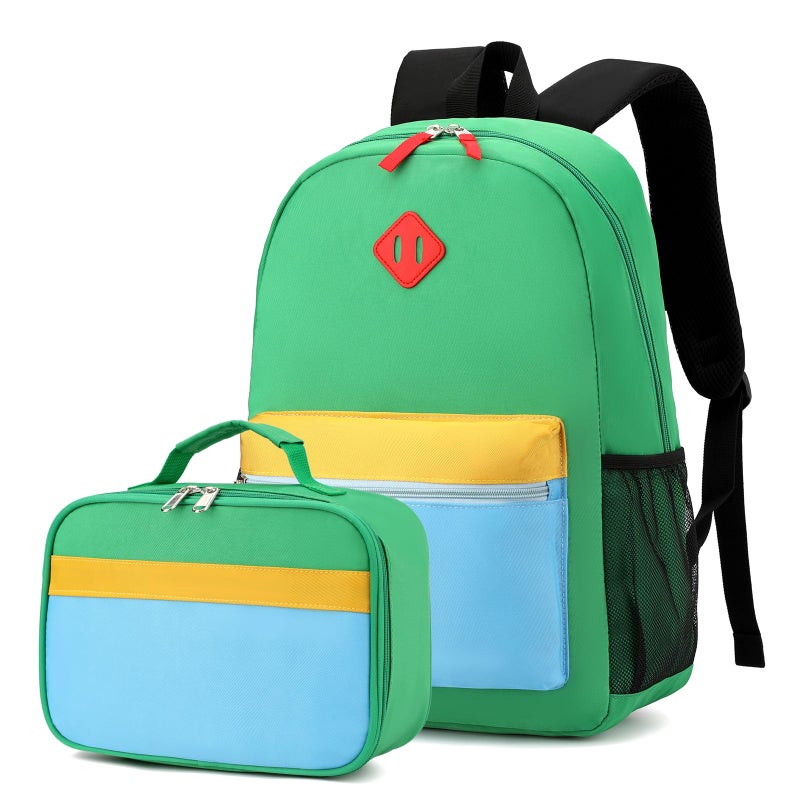 BEFUNIRISE Backpack Set for Girls Boy Kids Backpack with Lunch Box for Elementary Primary Kindergarten School Bag (Green Blue Set, Large) - Image 1