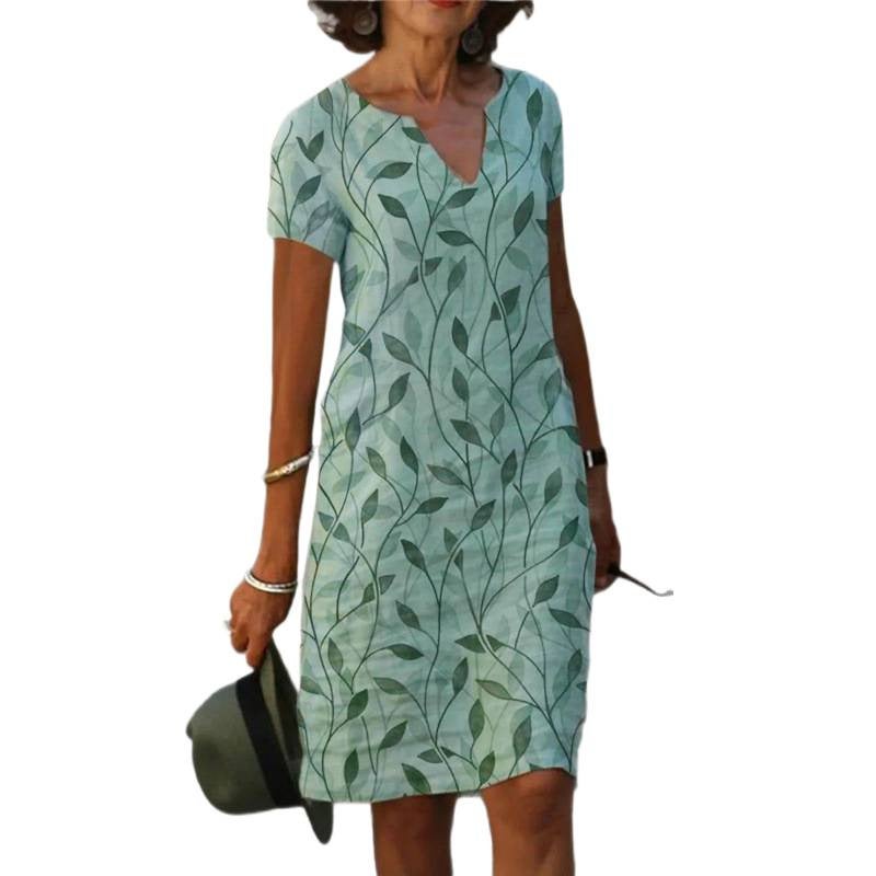 2022 European and American Women's Linen-Cotton Digital Print V-Neck Loose Dress - Image 5