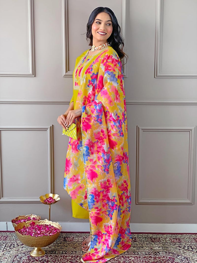 Naixa Women's Rayon Embroidered Straight Kurta with Pant and Dupatta Sets (NX-498-Yellow-XS) - Image 3