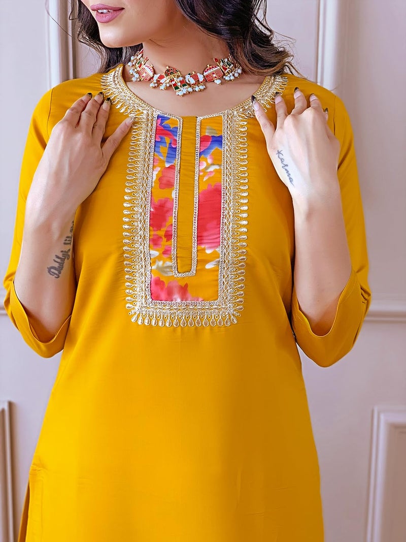 Naixa Women's Rayon Embroidered Straight Kurta with Pant and Dupatta Sets (NX-498-Yellow-XS) - Image 5