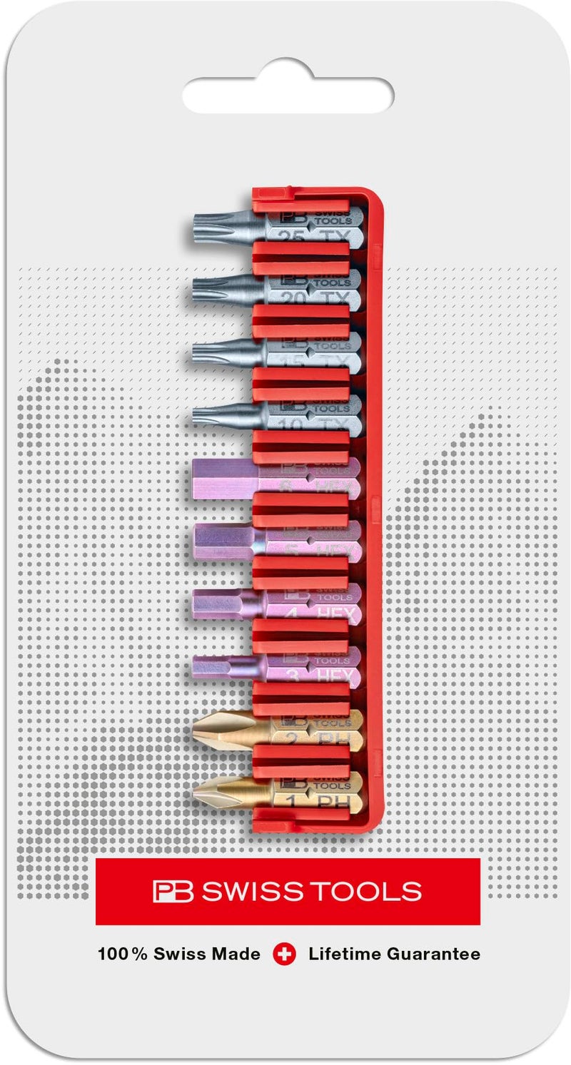 PB Swiss Tools Phillips Hex Torx Bit Block PB C6.700 CN | 100% Swiss Made | 10-Piece Bit Set with C6 1/4" PrecisionBits, Size PH1 PH2, Hex 3-6 mm, T10-T25 - Image 2