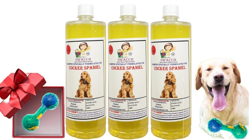 swacch Cocker Spaniel Dog Shampoo + Dumbbell Toy I Durable Rubber Dog Toy for Chewing I Playing,Teeth Cleaning & Training Toy I Combo Pack I 1 Litre Pack of 3 Lemon - Image 1