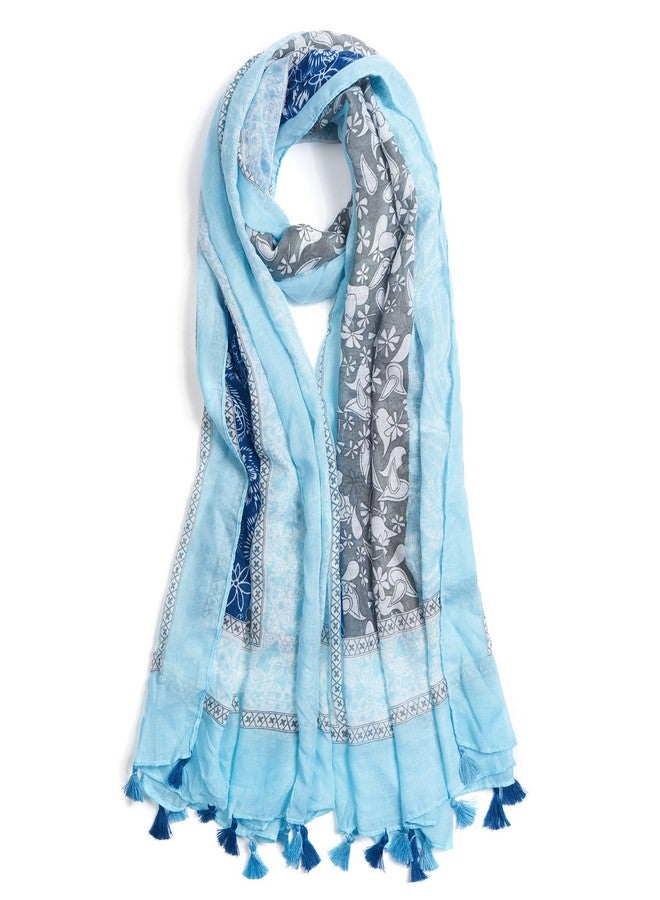 QIUTIMIY Scarf for Women Lightweight Soft Floral Printed Scarves Fall Winter Fashion Shawl Wrap with Fringe(Flower-Sky Blue) - Image 1