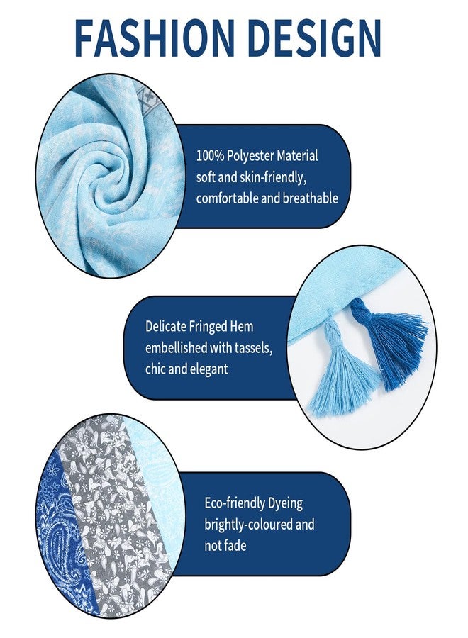 QIUTIMIY Scarf for Women Lightweight Soft Floral Printed Scarves Fall Winter Fashion Shawl Wrap with Fringe(Flower-Sky Blue) - Image 2