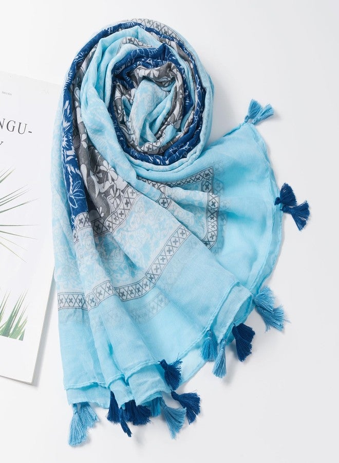 QIUTIMIY Scarf for Women Lightweight Soft Floral Printed Scarves Fall Winter Fashion Shawl Wrap with Fringe(Flower-Sky Blue) - Image 4