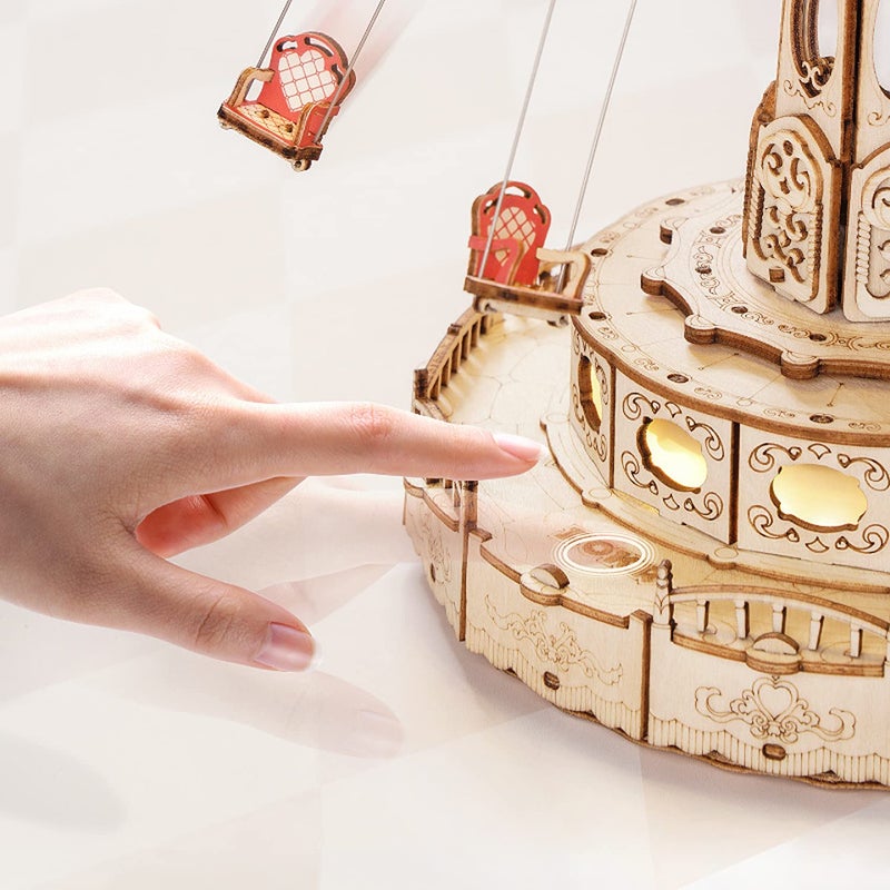 ROKR مجموعة صندوق الموسيقى الخشبي ROKR 3D مع LED، نموذج ميكانيكي لدوران الأرجوحة، مجموعة حرف يدوية DIY للبالغين، هدية عيد ميلاد للأولاد/البنات - Image 2