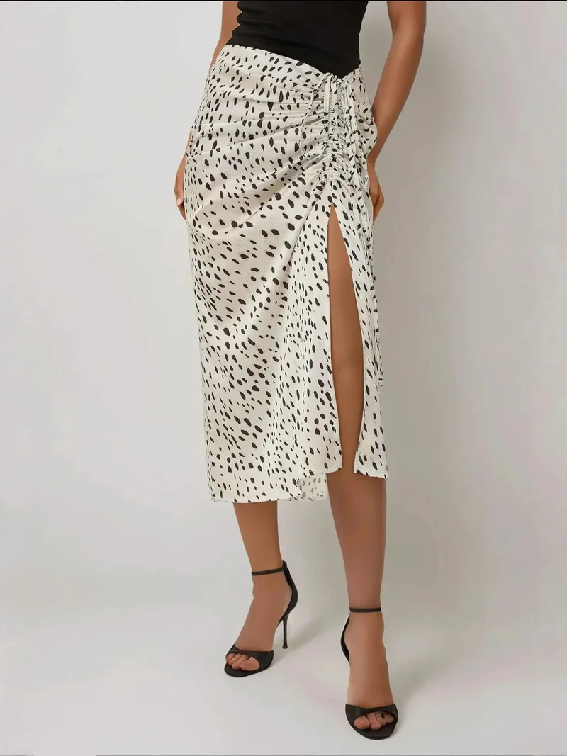 زوبعة تنورة ميدي ساتان ضيقة مطبوعة بفتحة