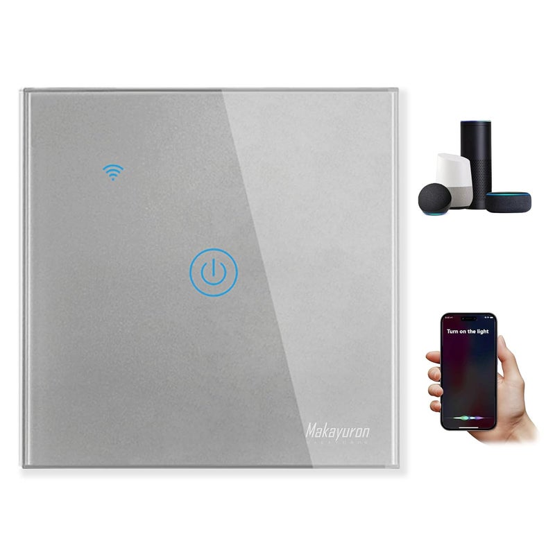 Makayuron WiFi Smart Wall Light Switch, Wireless Switches, No Neutral Wire Required, Compatible with Alexa and Google Home, APP Remote Control Touch Switch, No Hub Required, Voice Control (1 Gang, Grey) - Image 1