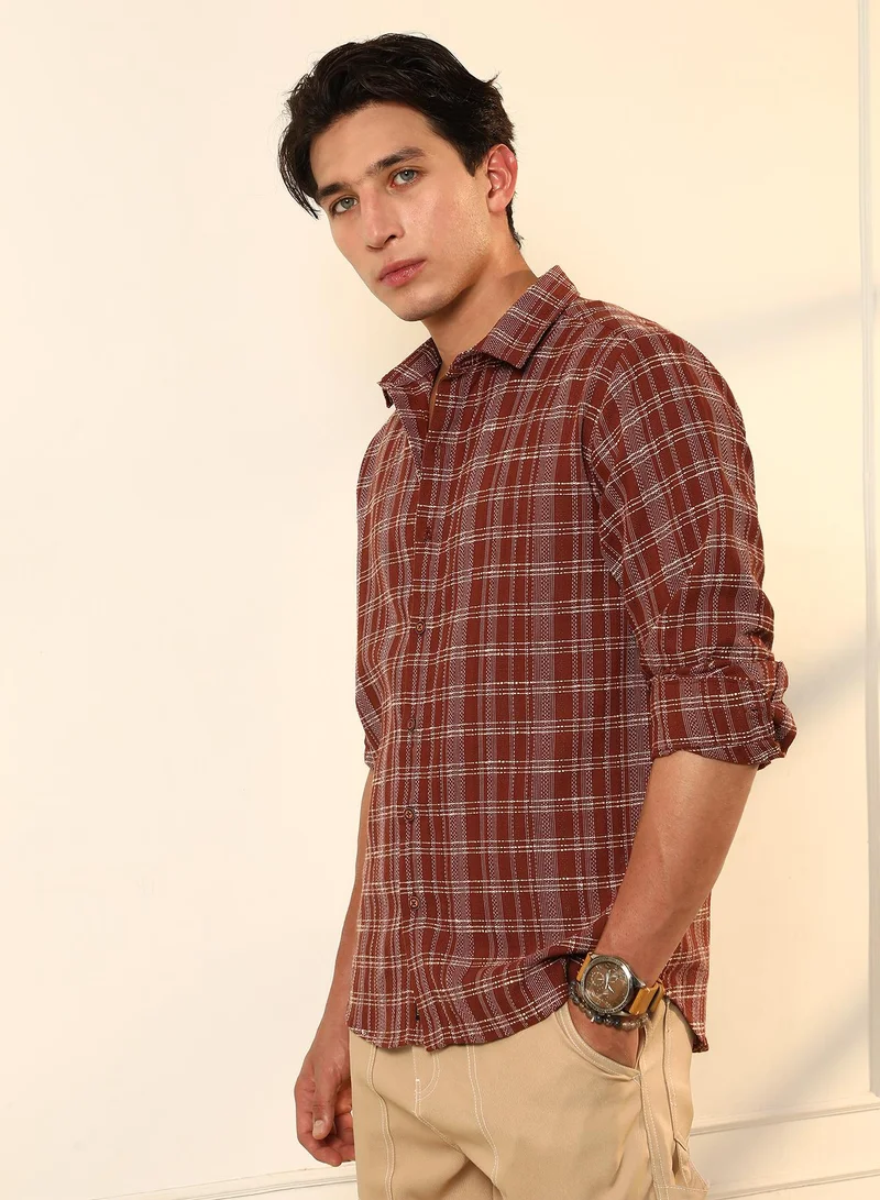 Campus Sutra Campus Sutra Men's Russet Brown Woven Static-Plaid Shirt | Regular Fit Full Sleeve Point Collar Checkered Design | Cotton Blend Woven Fabric & Breathable Material For Daily Wear