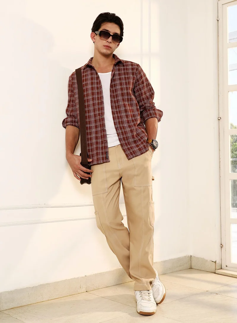 Campus Sutra Campus Sutra Men's Russet Brown Woven Static-Plaid Shirt | Regular Fit Full Sleeve Point Collar Checkered Design | Cotton Blend Woven Fabric & Breathable Material For Daily Wear