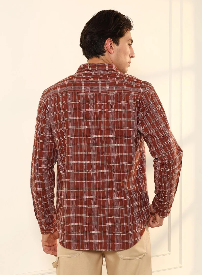 Campus Sutra Campus Sutra Men's Russet Brown Woven Static-Plaid Shirt | Regular Fit Full Sleeve Point Collar Checkered Design | Cotton Blend Woven Fabric & Breathable Material For Daily Wear