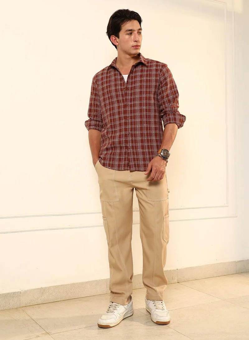 Campus Sutra Campus Sutra Men's Russet Brown Woven Static-Plaid Shirt | Regular Fit Full Sleeve Point Collar Checkered Design | Cotton Blend Woven Fabric & Breathable Material For Daily Wear