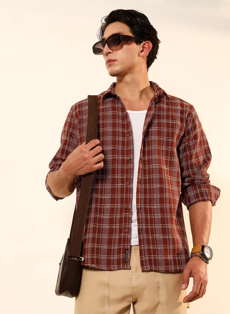 كامبوس سوترا Campus Sutra Men's Russet Brown Woven Static-Plaid Shirt | Regular Fit Full Sleeve Point Collar Checkered Design | Cotton Blend Woven Fabric & Breathable Material For Daily Wear