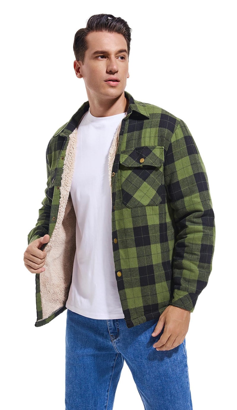 Puwasa Men's Cotton Flannel Shirt Jacket, Long Sleeve Fleece Casual Button Down Plaid Jacket, Brushed Soft Outdoor Coat with Pocket Army Green Small - Image 5