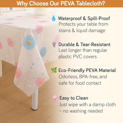 HOKIPO Polyethylene Vinyl Acetate(PEVA)Waterproof Square Table Cover Cloth for 4 Seater Dining Table,Dustproof Table Cloth for Study & Coffee Table,54x54 Inches,Butterscotch Yellow Daisy(AR-5871-D1) - Image 3