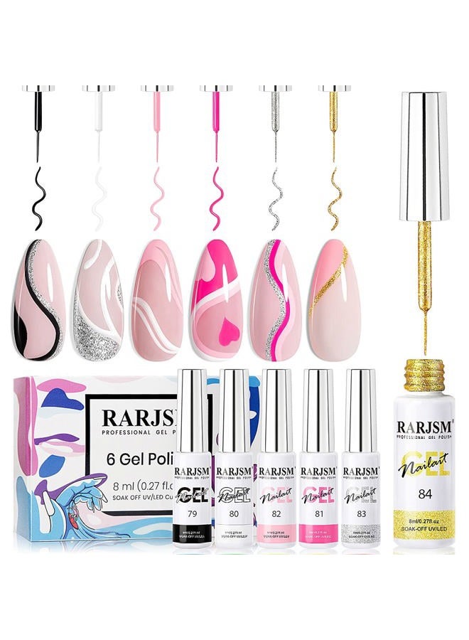 RARJSM Gel Liner Nail Art Polish Set of 6pcs Popular Color Black White Pink Rose Red Glitter Silver Gold Curing Requires Soak off 8ml Build in Thin Nail Sharp Brush for Home DIY Salon Nail Design - Image 1