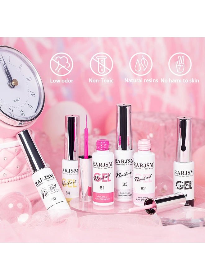 RARJSM Gel Liner Nail Art Polish Set of 6pcs Popular Color Black White Pink Rose Red Glitter Silver Gold Curing Requires Soak off 8ml Build in Thin Nail Sharp Brush for Home DIY Salon Nail Design - Image 5
