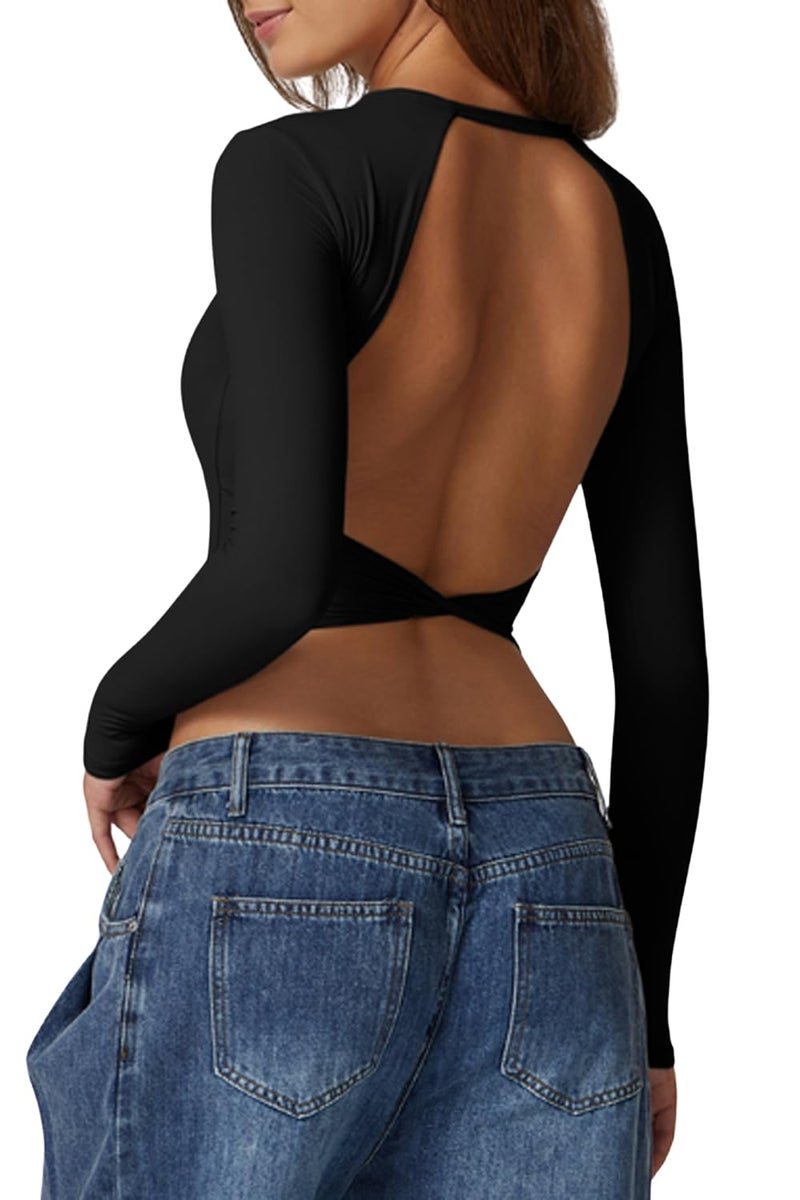 QINSEN Stylish Open Back Crop Top for Womens Long Sleeve High Stretch Bodycon Tee Shirts Black M - Image 1