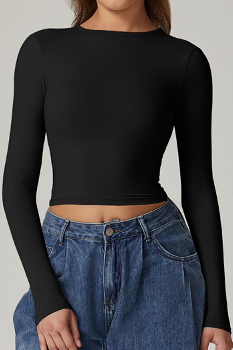 QINSEN Stylish Open Back Crop Top for Womens Long Sleeve High Stretch Bodycon Tee Shirts Black M - Image 2