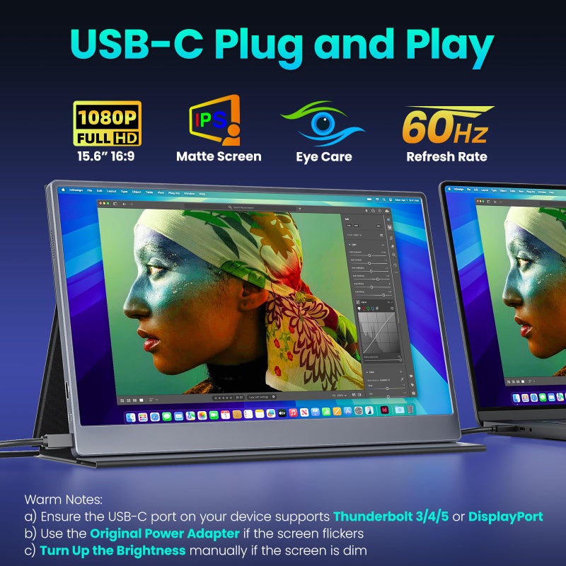 Upperizon Portable Monitor 15.6 Inch 1080P FHD HDR IPS Travel Screen HDMI USB-C Portable Monitor for Laptop MacBook PC Surface Xbox PS4/5 with Cover, VESA Compatible - Image 2