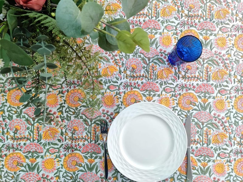 ATOSII Clover Yellow 100 Cotton Round Tablecloth Handblock Print Floral Table Cloth for Kitchen Dining Linen I Parties Weddings Outdoors Christmas Thanksgiving I Fall Home Decor 60 Inches Round - Image 5