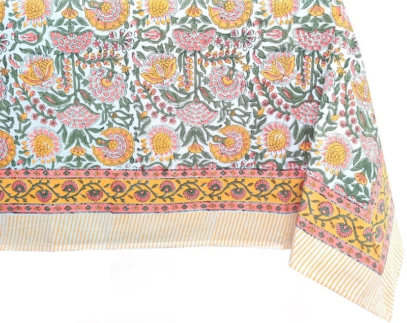 ATOSII Clover Yellow 100 Cotton Round Tablecloth Handblock Print Floral Table Cloth for Kitchen Dining Linen I Parties Weddings Outdoors Christmas Thanksgiving I Fall Home Decor 60 Inches Round - Image 1