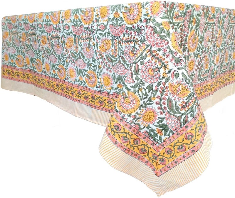 ATOSII Clover Yellow 100 Cotton Round Tablecloth Handblock Print Floral Table Cloth for Kitchen Dining Linen I Parties Weddings Outdoors Christmas Thanksgiving I Fall Home Decor 60 Inches Round - Image 3