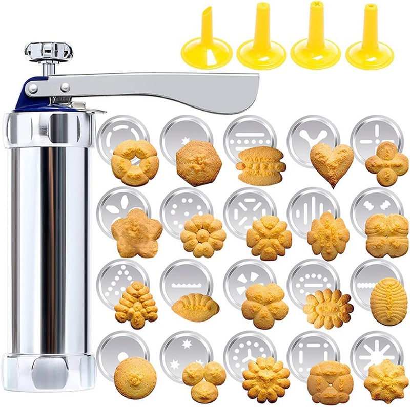 Cookie Press, Stainless Steel Churro Maker Machine Biscuit Press Cookie Gun Set with 20 Decorative Molds and 4 Nozzles for DIY Biscuit Maker 8.27 x 6.10in Cookie Press Machine Cookie Press Gun - Image 1