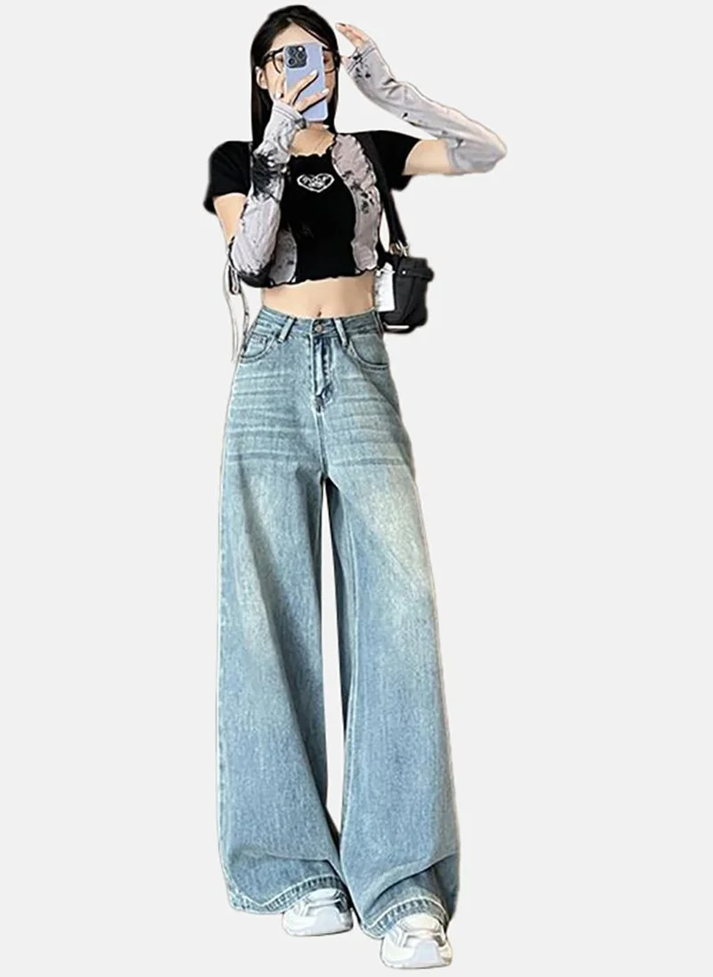 يونيكي Blue Solid Mid Rise Relaxed Wide Leg Jeans