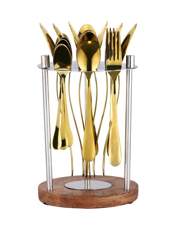 Chakmak Greenwood Ruby Gold Cutlery Set of 25 Pcs | Stainless Steel | Contains 6 Soup Spoons, 6 Baby Spoons, 6 Baby Fork, 6 Tea Spoons, 1 Stylish Round Stand | Elegant Cutlery Set for Dining Table - Image 2