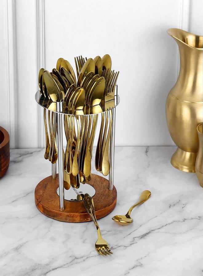 Chakmak Greenwood Ruby Gold Cutlery Set of 25 Pcs | Stainless Steel | Contains 6 Soup Spoons, 6 Baby Spoons, 6 Baby Fork, 6 Tea Spoons, 1 Stylish Round Stand | Elegant Cutlery Set for Dining Table - Image 1
