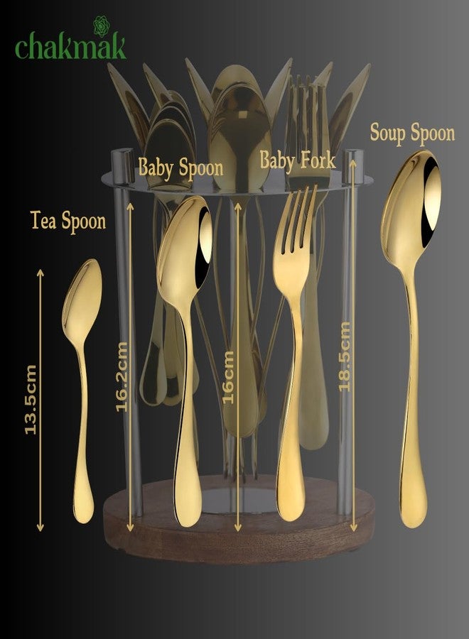 Chakmak Greenwood Ruby Gold Cutlery Set of 25 Pcs | Stainless Steel | Contains 6 Soup Spoons, 6 Baby Spoons, 6 Baby Fork, 6 Tea Spoons, 1 Stylish Round Stand | Elegant Cutlery Set for Dining Table - Image 5