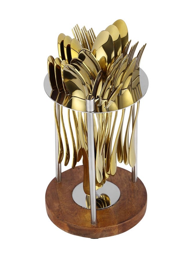 Chakmak Greenwood Ruby Gold Cutlery Set of 25 Pcs | Stainless Steel | Contains 6 Soup Spoons, 6 Baby Spoons, 6 Baby Fork, 6 Tea Spoons, 1 Stylish Round Stand | Elegant Cutlery Set for Dining Table - Image 3