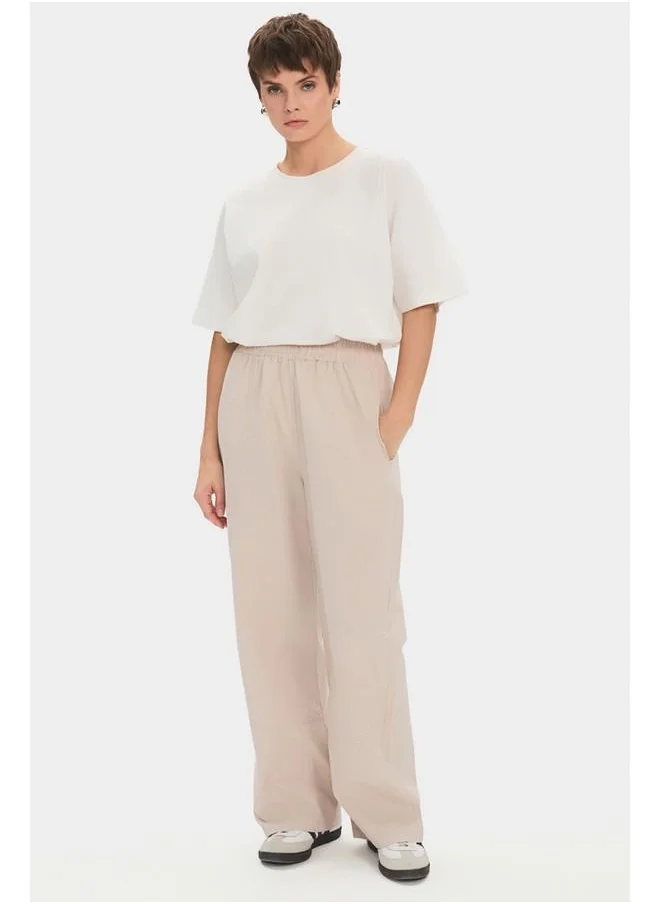 جون June Women 100% Cotton Elastic Waist Trouser Stone