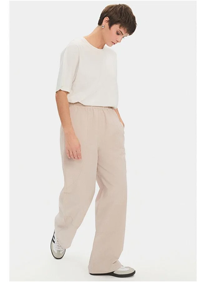 جون June Women 100% Cotton Elastic Waist Trouser Stone